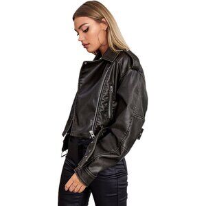 LY VAREY LIN Women Faux Leather black Jacket Lapel Zip Short Coat with Belt